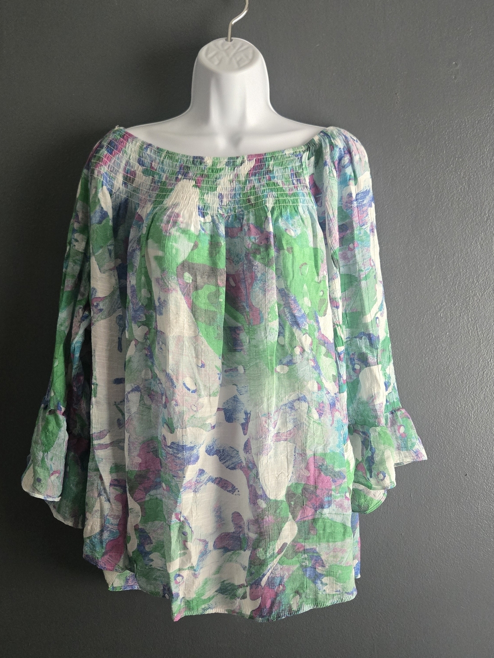 Zac & Rachel Woman 3X Smocked Boho Sheer Watercolor Off Shoulder Tunic